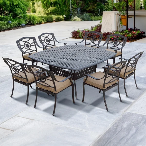 Ten Star 9 Pc Cast Aluminum Dining Set w/ 64 Inch Square Series 30 Table in Antique Bronze/Sesame by Darlee