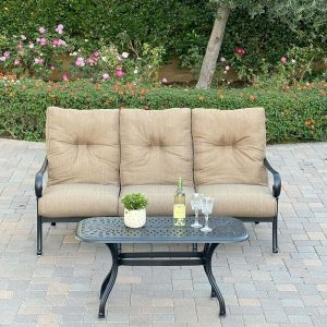 Santa Anita 2 Pc Cast Aluminum Seating Set w/ 42 X 21 Inch Series 60 Table in Antique Bronze/Linen Sesame by Darlee