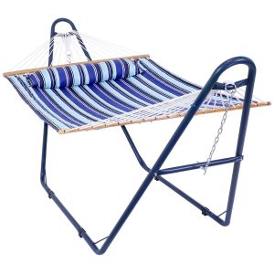 Ultimate Patio Quilted Double Hammock & Pillow w/ Blue Universal Stand - Catalina Beach