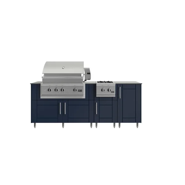 WeatherStrong Abaco 7 Ft Outdoor Kitchen Island w/ DCS Natural Gas Grill & Side Burner in Sapphire Blue/Glacier Frost