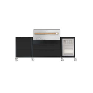 Burnout BBQ Modular Outdoor Kitchen Island on Casters w/ Flammkraft Model D Built-In Grill, Caso 2.2 Cu Ft Refrigerator, and Propane Pullout - Shadow