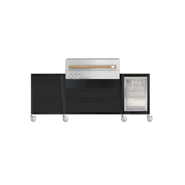 Burnout BBQ Modular Outdoor Kitchen Island on Casters w/ Flammkraft Model D Built-In Grill, Caso 2.2 Cu Ft Refrigerator, and Propane Pullout - Shadow