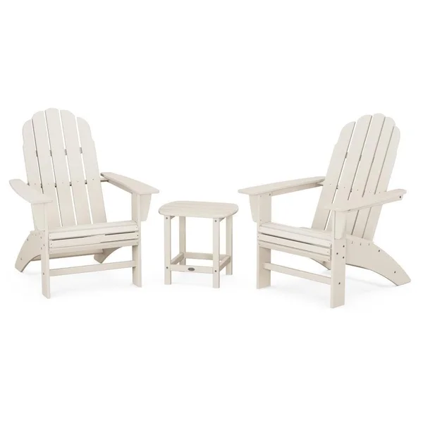 Vineyard 3 Pc Recycled Plastic Curveback Adirondack Seating Set w/ South Beach End Table in Sand by POLYWOOD