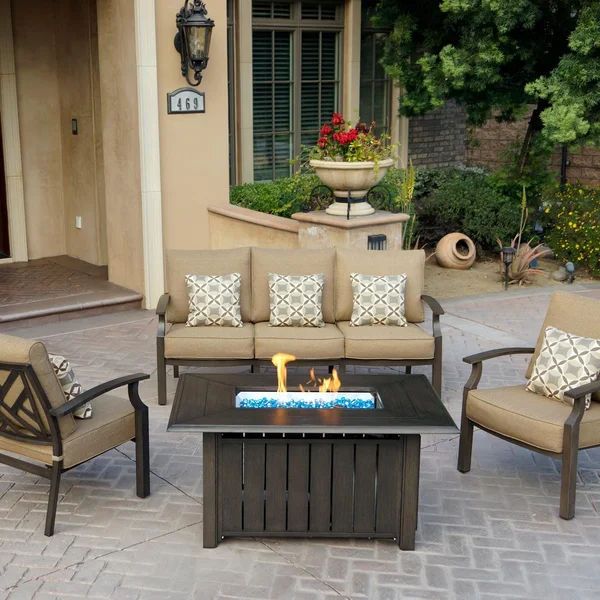 Brooklyn 4 Pc Aluminum Fire Pit Seating Set w/ 50 X 32 Inch Table in Multi Brown/Sesame by Darlee