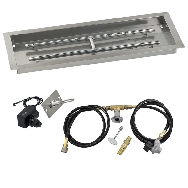 BBQGuys Signature 30 X 10 Inch Stainless Steel Rectangular Drop-In Fire Pit Pan with Spark Ignition Kit - Propane