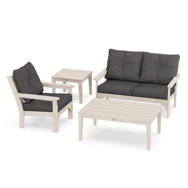 Vineyard 4 Pc Recycled Plastic Seating Set w/ Larger Tables in Sand/Ash Charcoal by POLYWOOD