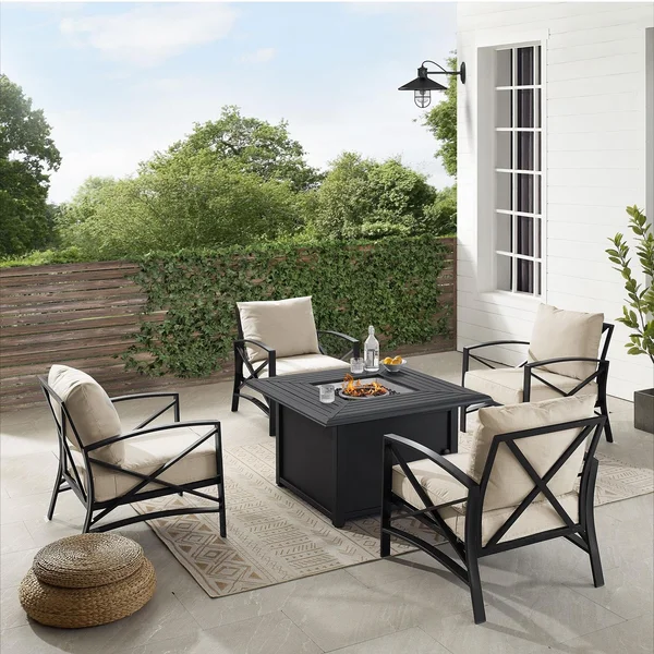 Windswept 5 Pc Steel Club Chair Seating Set w/ Fire Pit Table in Oil Rubbed Bronze/Oatmeal by Ultimate Patio