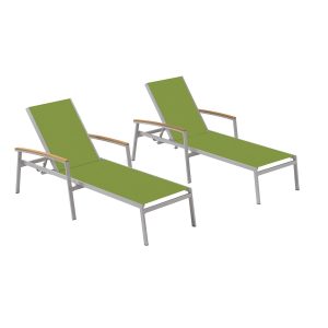 Travira 2 Pc Aluminum Chaise Lounge Set w/ Natural Tekwood Arm Caps in Flint/Go Green by Oxford Garden