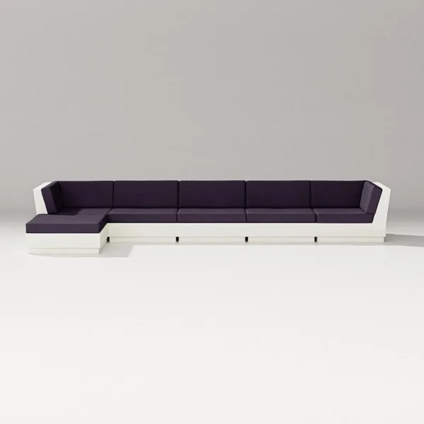 Elevate 6 Pc Recycled Plastic Chaise Sectional Seating Set in Vintage White/Navy Linen By PW Designer Series