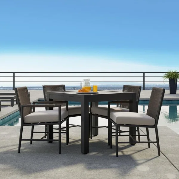 Pietra 5 Piece Rope & Aluminum Patio Dining Set W/ Dining Table & Sunbrella Echo Ash Cushions By Sunset West