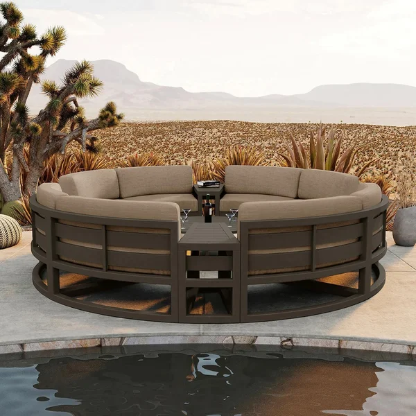 Misty Cove 7 Pc Aluminum Seating Set - Curved Sectional in Slate/Heather Beige by Lakeview Outdoor Designs