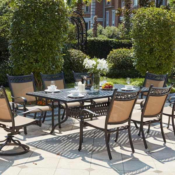 Mountain View 9 Pc Cast Aluminum Dining Set w/ 92 X 42 Inch Series 30 Table & 2 Swivel Rockers in Antique Bronze/Irish Mix by Darlee