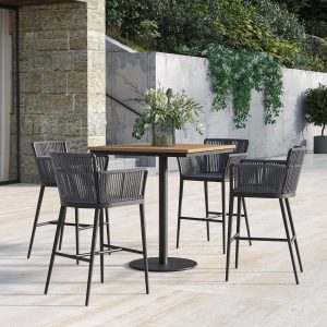 Nette 5 Pc Olefin Rope & Aluminum Bar Set W/ Natural Tekwood Table Top in Carbon/Pewter By Oxford Garden