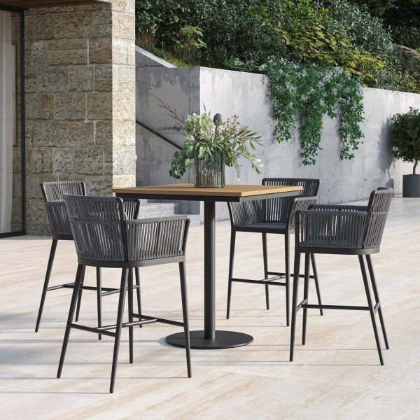 Nette 5 Pc Olefin Rope & Aluminum Bar Set W/ Natural Tekwood Table Top in Carbon/Pewter By Oxford Garden