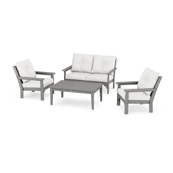 Vineyard 4 Pc Recycled Plastic Seating Set w/ Club Chairs in Slate Gray/Natural Linen by POLYWOOD