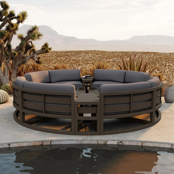 Misty Cove 7 Pc Aluminum Seating Set - Curved Sectional in Slate/Canvas Charcoal by Lakeview Outdoor Designs