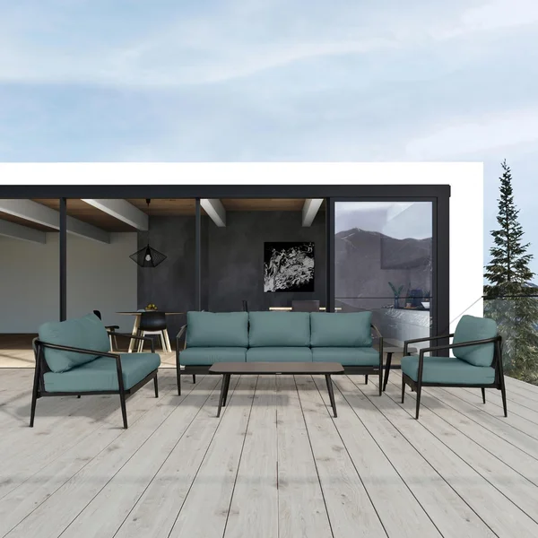 Midnight Cove 5 Pc Aluminum Seating Set w/ Sofa in Black/Cast Lagoon by Lakeview Outdoor Designs
