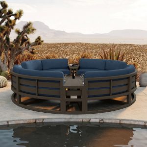 Misty Cove 7 Pc Aluminum Seating Set - Curved Sectional in Slate/Spectrum Indigo by Lakeview Outdoor Designs