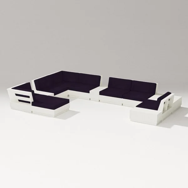 Elevate 12 Pc Recycled Plastic Chaise Sectional Seating Set in Vintage White/Navy Linen By PW Designer Series