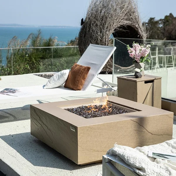 Uluru 40 Inch Square Concrete Propane Fire Pit Table in Beige by Elementi