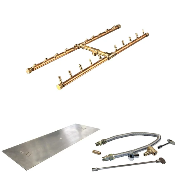 Warming Trends 40 X 17-Inch Linear Natural Gas Fire Pit Burner Kit W/ 30 X 9-Inch H-Style CROSSFIRE Brass Burner - Match Light Ignition - CFBH200NGALPL4017FK1