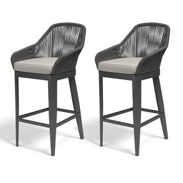 Milano 2 Piece Olefin Rope & Aluminum Patio Barstool Set W/ Sunbrella Echo Ash Cushions By Sunset West
