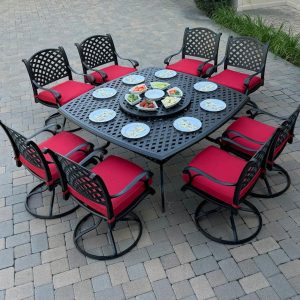 Nassau 10 Pc Cast Aluminum Dining Set in Antique Bronze w/ Red Cushions By Darlee