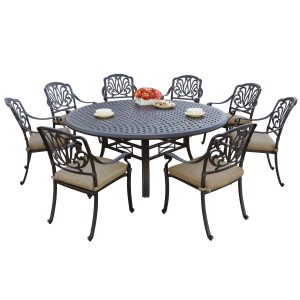 Elisabeth 9 Pc Cast Aluminum Dining Set w/ 71 Inch Round Series 99 Table in Antique Bronze/Sesame by Darlee
