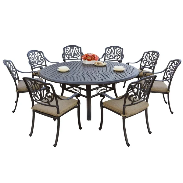 Elisabeth 9 Pc Cast Aluminum Dining Set w/ 71 Inch Round Series 99 Table in Antique Bronze/Sesame by Darlee