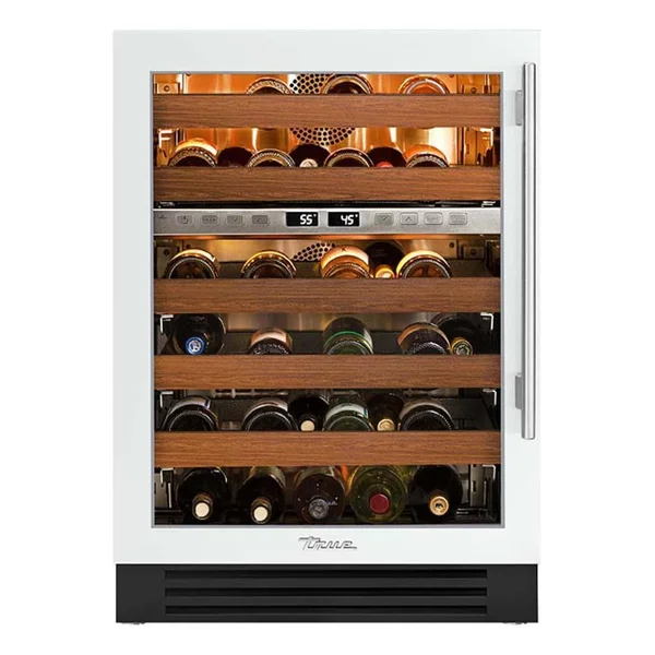 True 24 Inch 45 Bottle Left Hinge Glass Door Outdoor Dual Zone Wine Cabinet - Matte White w/ Stainless Steel Handle - TWC-24DZ-L-OG-C~DSK-030-H04