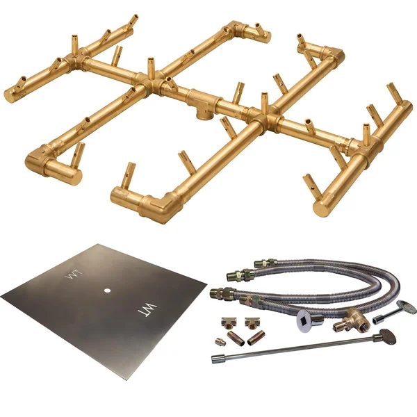 Warming Trends 36-Inch Square Propane Fire Pit Burner Kit W/ 21.5-Inch Original CROSSFIRE Brass Burner - Match Light Ignition - CFB290LPALPL36SFK2