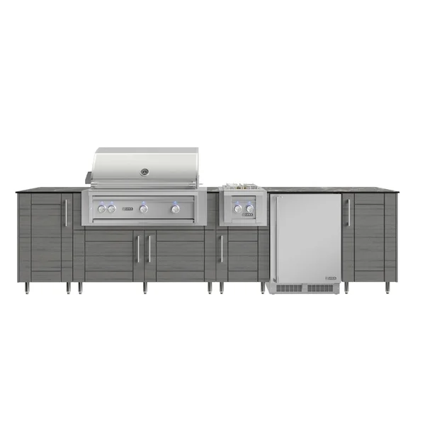 WeatherStrong Nassau 10 1/2 Ft Outdoor Kitchen Island w/ Lynx Propane Grill, Side Burner & Refrigerator in Dark Ash/Midnight Ice