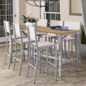 Travira 7 Piece Aluminum Patio Bar Set W/ 72 X 30 Inch Rectangular Tekwood Natural Table By Oxford Garden - Natural Sling
