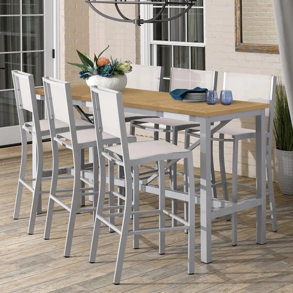 Travira 7 Piece Aluminum Patio Bar Set W/ 72 X 30 Inch Rectangular Tekwood Natural Table By Oxford Garden - Natural Sling