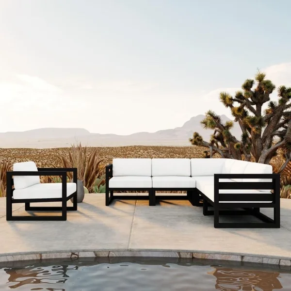 Misty Cove 6 Pc Aluminum Seating Set w/ Sectional in Black/Canvas Natural by Lakeview Outdoor Designs