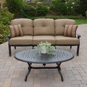 Elisabeth 2 Pc Cast Aluminum Seating Set w/ 46 X 31 Inch Oval Table & Throw Pillows in Antique Bronze/Sesame by Darlee
