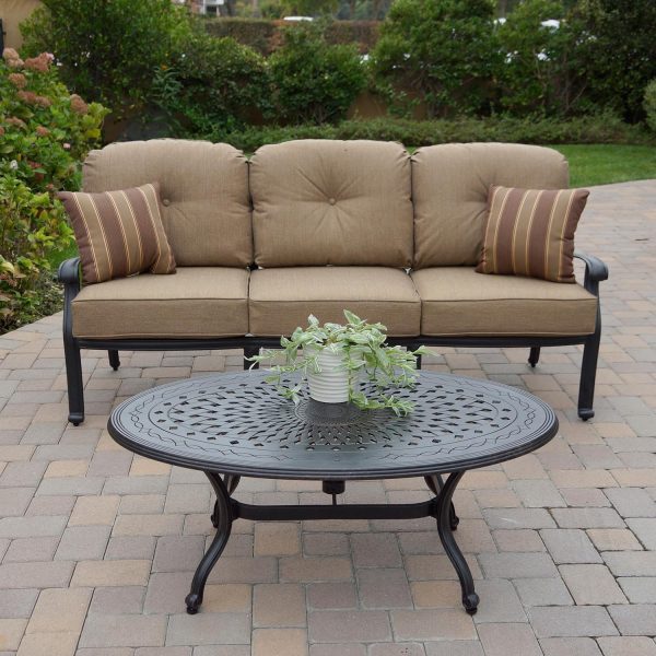 Elisabeth 2 Pc Cast Aluminum Seating Set w/ 46 X 31 Inch Oval Table & Throw Pillows in Antique Bronze/Sesame by Darlee