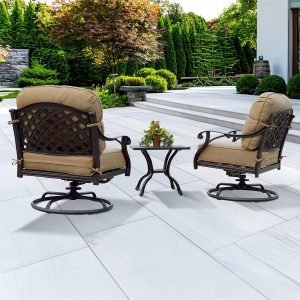 Nassau 3 Pc Cast Aluminum Seating Set w/ 21 Inch Square Series 30 End Table & Swivel Rockers in Antique Bronze/Sesame by Darlee