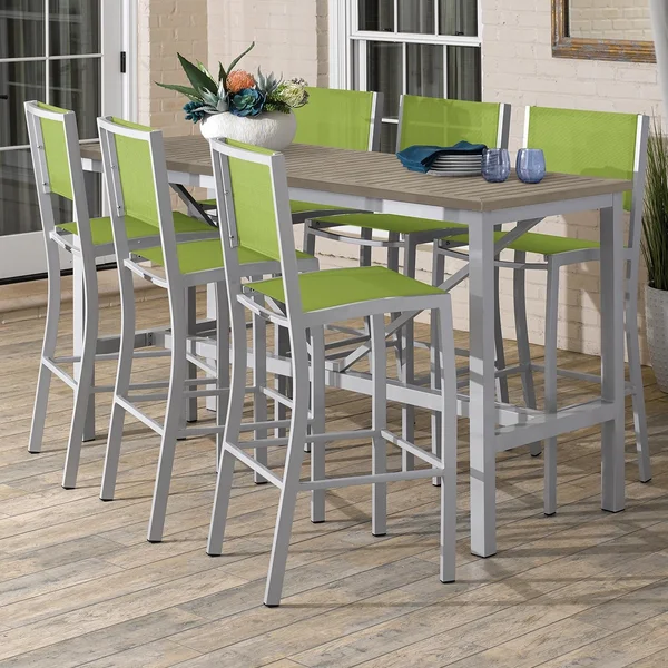 Travira 7 Piece Aluminum Patio Bar Set W/ 72 X 30 Inch Rectangular Tekwood Vintage Table By Oxford Garden - Go Green Sling