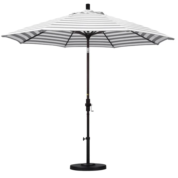 California Umbrella Golden State Series 9 Ft Octagonal Aluminum Collar Tilt Patio Umbrella W/ Crank Lift - Bronze Frame / Olefin Gray White Cabana Stripe Canopy