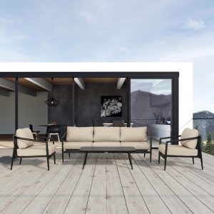 Midnight Cove 4 Pc Aluminum Seating Set w/ Sofa in Black/Canvas Flax by Lakeview Outdoor Designs