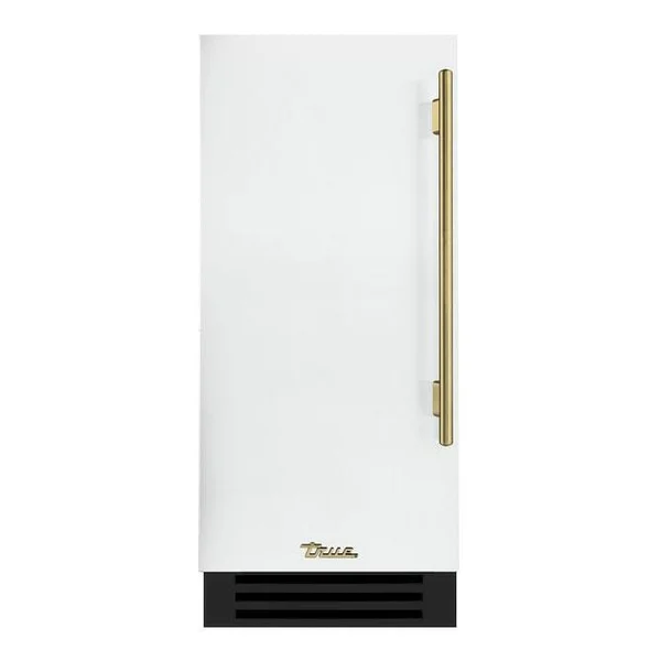 True 15 Inch 85 Lb. Left Hinge Outdoor Ice Maker - Matte White w/ Brass Handle - TUI-15-L-OP-D~DSK-030-H01