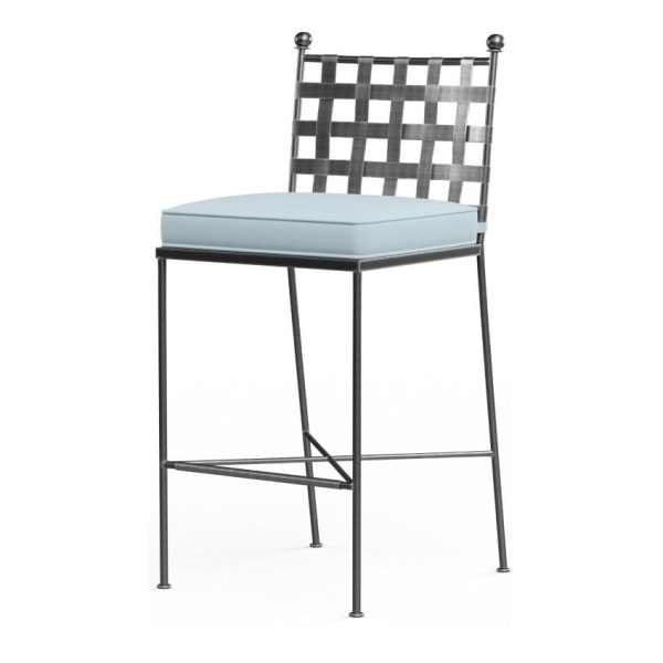 Provence Wrought Iron Bar Stool w/ Self Welt in Pewter/Canvas Skyline by Sunset West