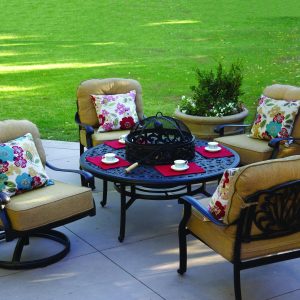 Elisabeth 5 Pc Cast Aluminum Fire Pit Seating Set w/ 52 Inch Series 80 Table w/ Ice Bucket Insert & Swivel Rockers in Antique Bronze/Sesame by Darlee