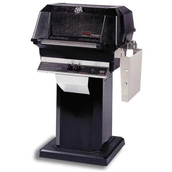 MHP JNR4DD Natural Gas Grill With Stainless Steel Shelves And Stainless Grids On Black Patio Base