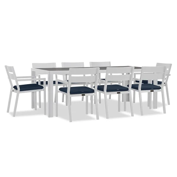 Calm Bay 9 Pc Rectangular Aluminum Dining Set in White/Spectrum Indigo by Lakeview Outdoor Designs