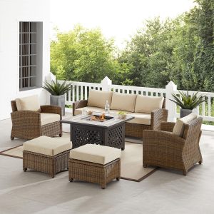 Branchwood 6 Pc Wicker Fire Pit Seating Set in Weathered Brown/Sand by Ultimate Patio