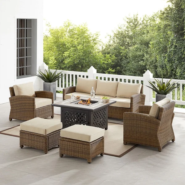 Branchwood 6 Pc Wicker Fire Pit Seating Set in Weathered Brown/Sand by Ultimate Patio