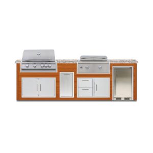 BBQGuys Signature 10 Ft Outdoor Kitchen Island w/ 32 Inch Natural Gas Blaze LTE+ Grill & Griddle & Narrow Trash Bin | Chai Cedar w/ White Granite