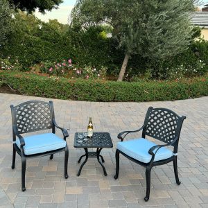 Nassau 3 Pc Cast Aluminum Conversation Set in Antique Bronze w/ Blue Cushions By Darlee
